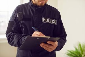 Police officer writing on a clipboard while wearing a uniform with badge.